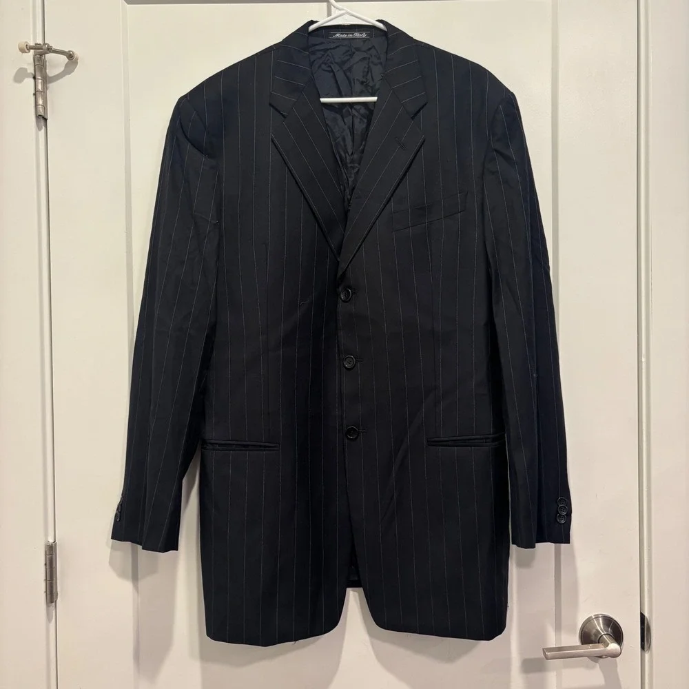 Armani Collezioni Mens Navy Pinstripe Wool Blazer Sport Coat Made in Italy 42L